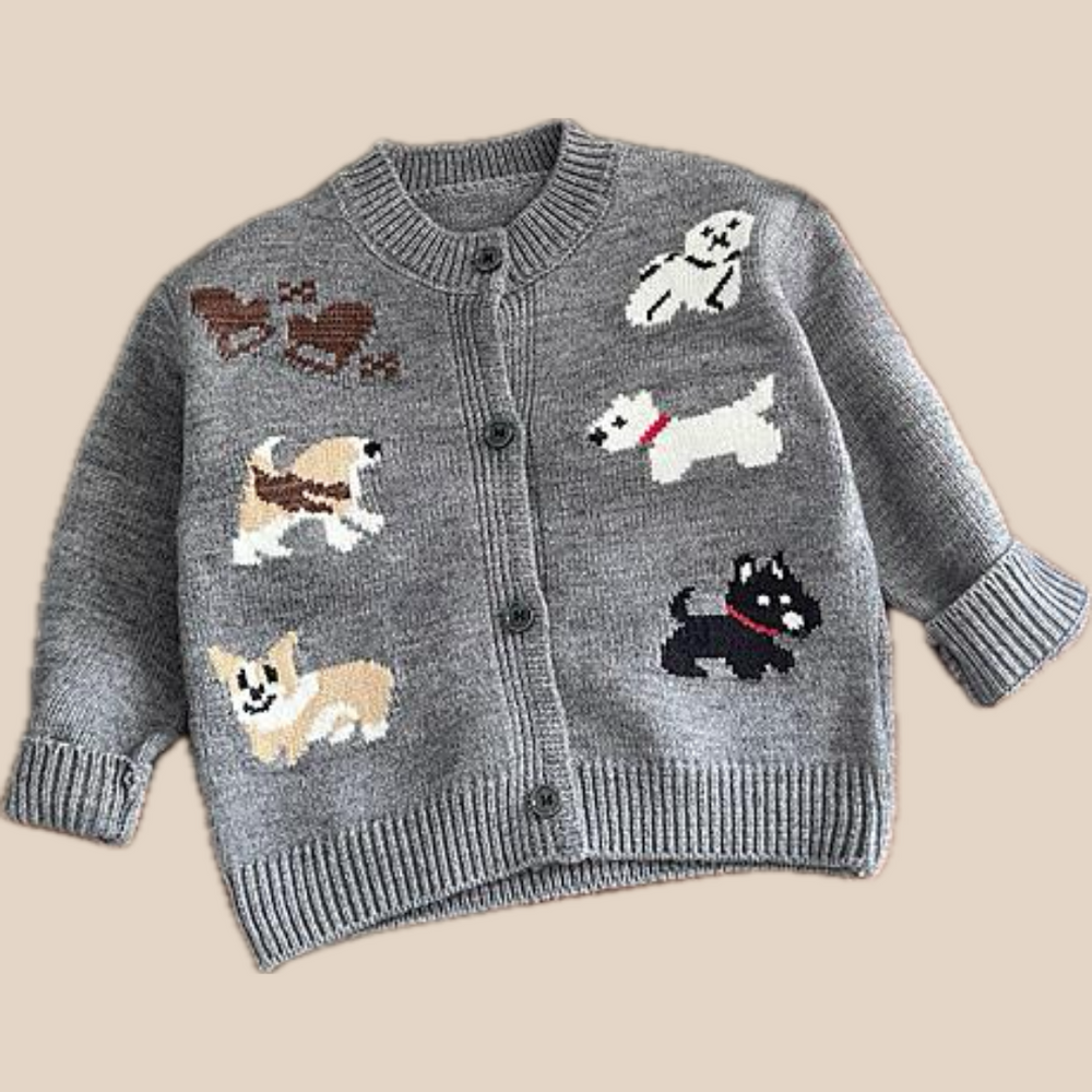 Stickad Kofta med Hundmotiv – Puppy Love Unisex, Grå, Bomull, Storlek 0–4 år