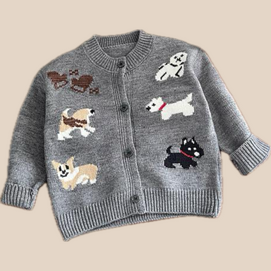 Stickad Kofta med Hundmotiv – Puppy Love Unisex, Grå, Bomull, Storlek 0–4 år