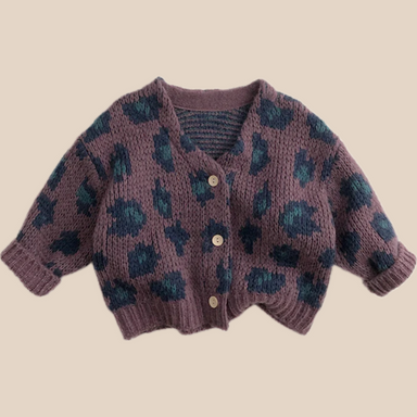 Stickad Kofta med Leopardmönster – Flicka, Beige/Lila, Bomull, Storlek 0–6 år