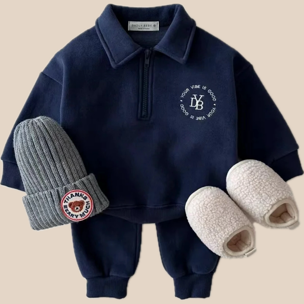Set med Byxa och Tröja – Vinterlyx Pojkar, Vit/Grå/Blå, Bomull, Storlek 0–5 år