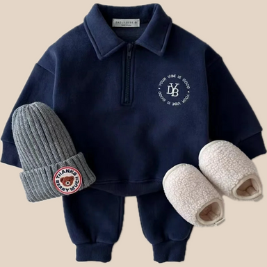 Set med Byxa och Tröja – Vinterlyx Pojkar, Vit/Grå/Blå, Bomull, Storlek 0–5 år