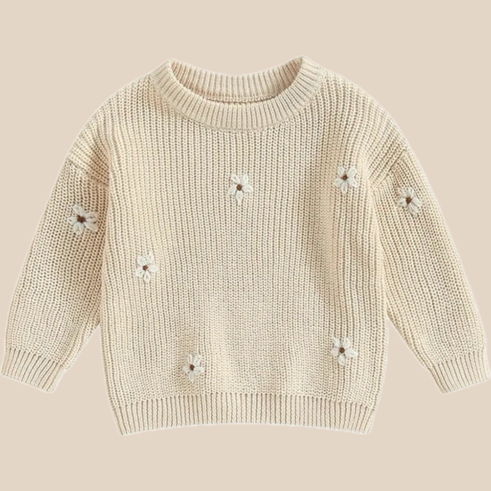 Stickad Tröja med Blommor – Flickor, Beige/Grön/Grå/Lila/Rosa, Bomull, Storlek 0–6 år