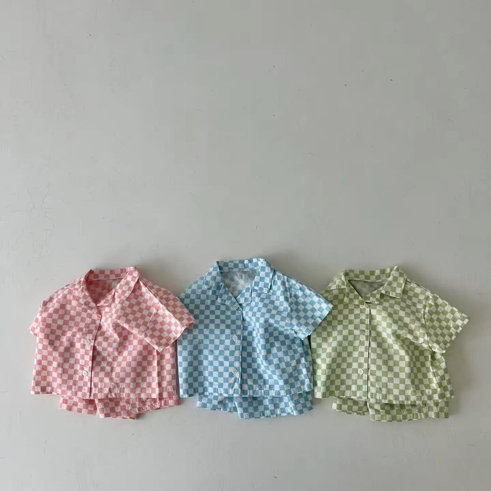 Trendig Rutig Klädset T-shirt och Shorts – Baby, Småbarn, Barn, Rosa/Blå/Grön, Bomull, Storlek 0–6 År