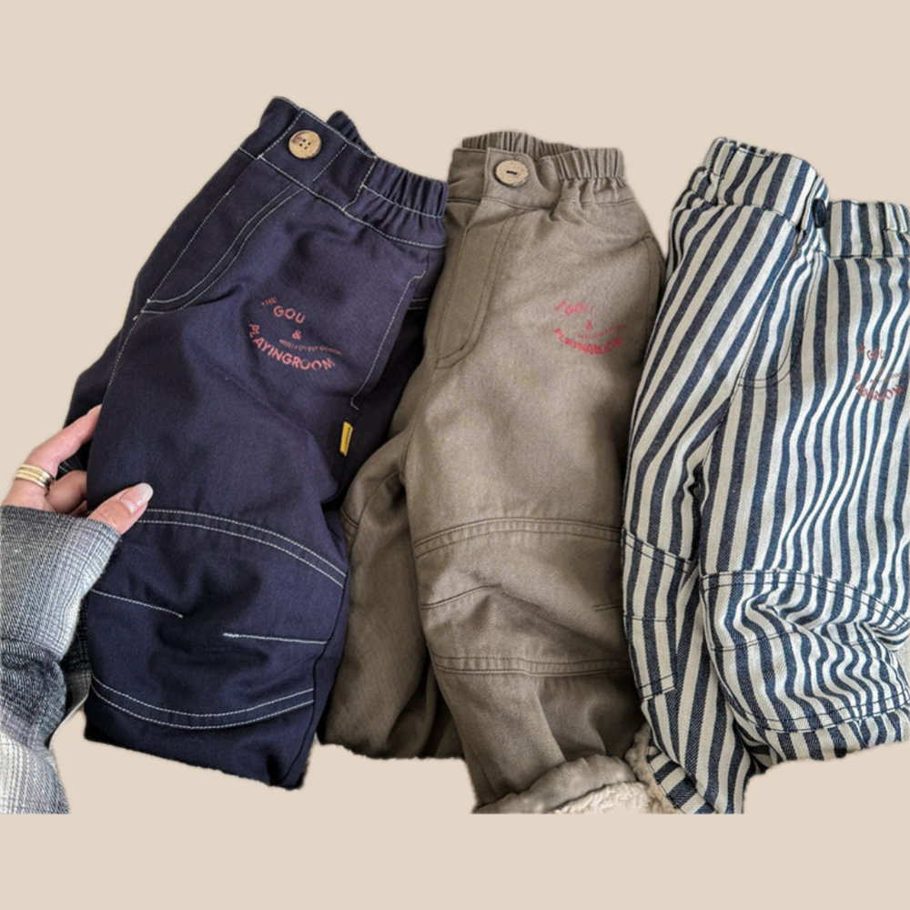 Byxa med Fleecefoder – Little Explorer Unisex, Blå/Grön/Randig, Bomull, Storlek 0–6 år