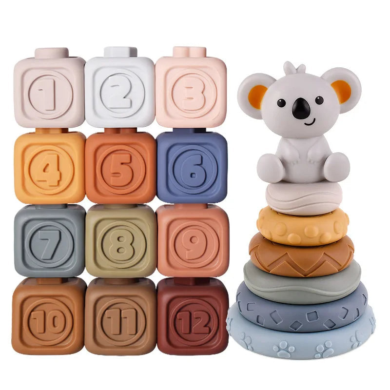 Stapel- och bitleksak koala med kuber och ringar – mjuk plast, texturer | babyleksak