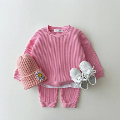 Set med Byxa och Tröja i Vågigt Waffelmönster – Porto-Novo Unisex, Blå/Rosa/Grå/Grön/Gul, Bomull, Storlek 0–3 år