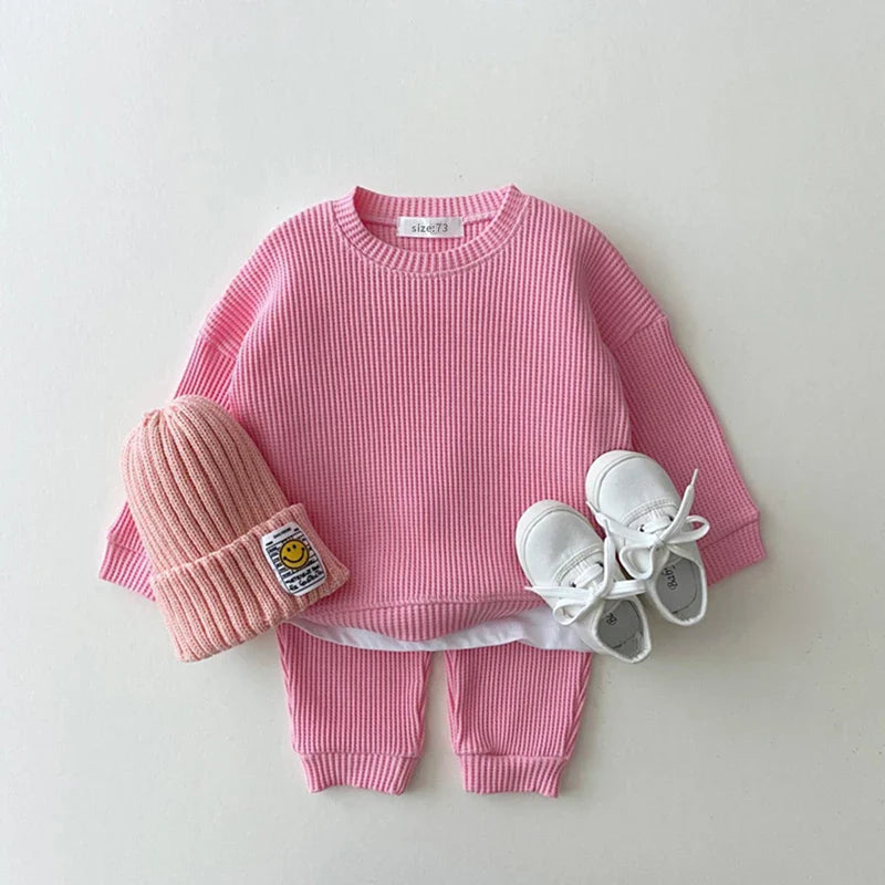 Set med Byxa och Tröja i Vågigt Waffelmönster – Porto-Novo Unisex, Blå/Rosa/Grå/Grön/Gul, Bomull, Storlek 0–3 år