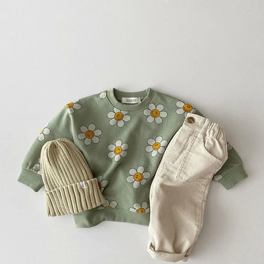 Sweatshirt med Blommönster – Glada Blommor Flickor, Grön/Gul/Beige, Bomull, Storlek 0–3 år