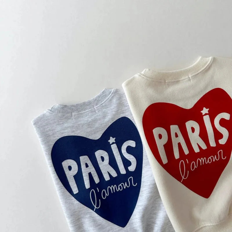 Sweatshirt med Tryck – Paris L’Amour Unisex, Grå/Vit, Bomull, Storlek 0–6 år