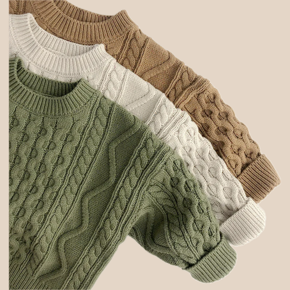 Stickad Tröja med Flätmönster – Pyong Unisex, Brun/Grön/Beige, Bomull, Storlek 0–6 år