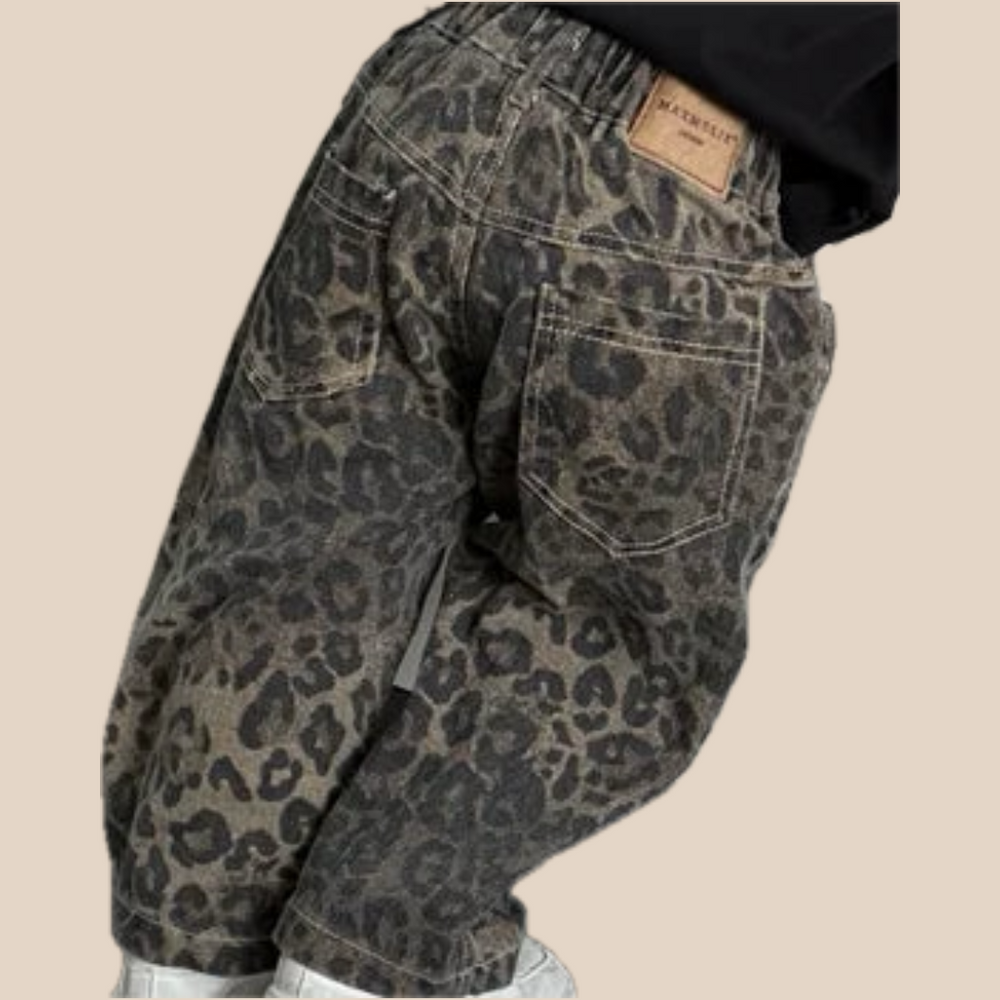 Jeans med leopardmönster – Flickor, Svart, Bomull, Denim, Storlek 1–10 år