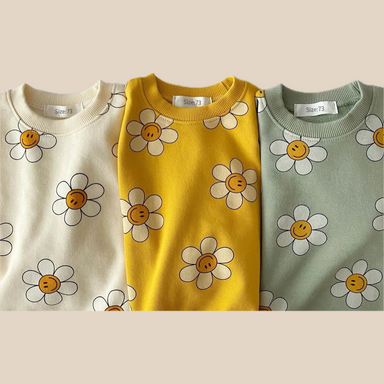 Sweatshirt med Blommönster – Glada Blommor Flickor, Grön/Gul/Beige, Bomull, Storlek 0–3 år