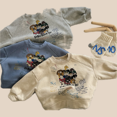 Tröja med tryck – FunCrew Unisex, Blå/Grå/Beige, Bomull, Storlek 0–6 år