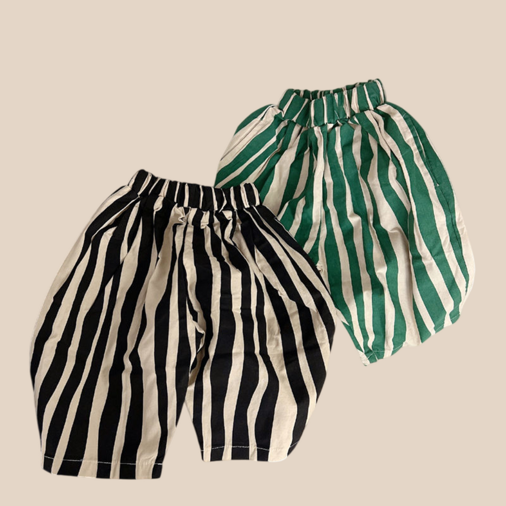 Randiga Barnbyxor – LucaLino Baggy Byxor Unisex, Svart/Grön, Bomull, Storlek 0–6 år