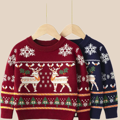 Jultröja med Renar och Snöflingor – Unisex, Röd/Blå, Bomull, Storlek 1–6 år