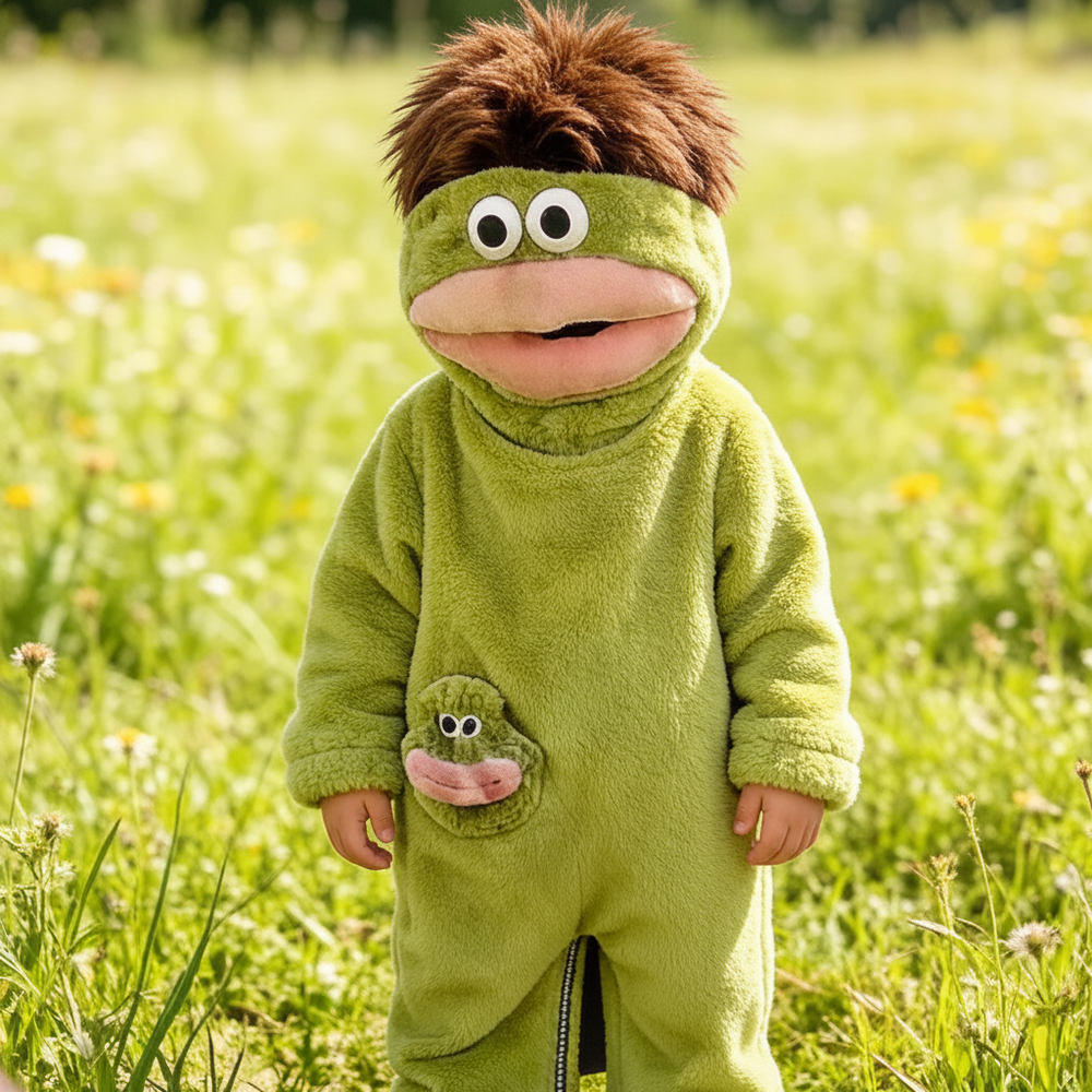 Onesie för barn med monsterdesign och huva – mjukt tyg, rymlig passform | utklädningsdräkt