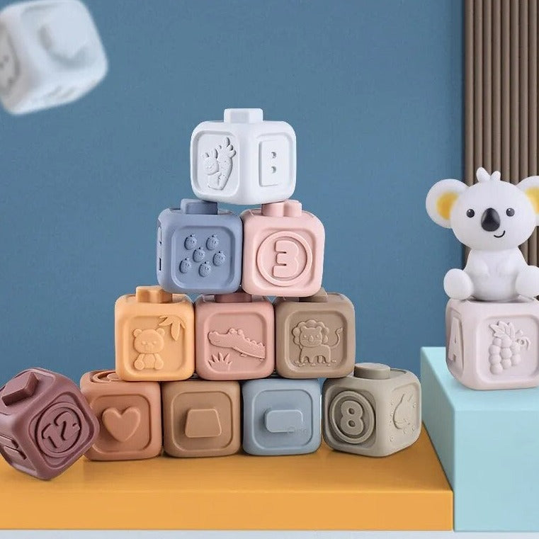 Stapel- och bitleksak koala med kuber och ringar – mjuk plast, texturer | babyleksak