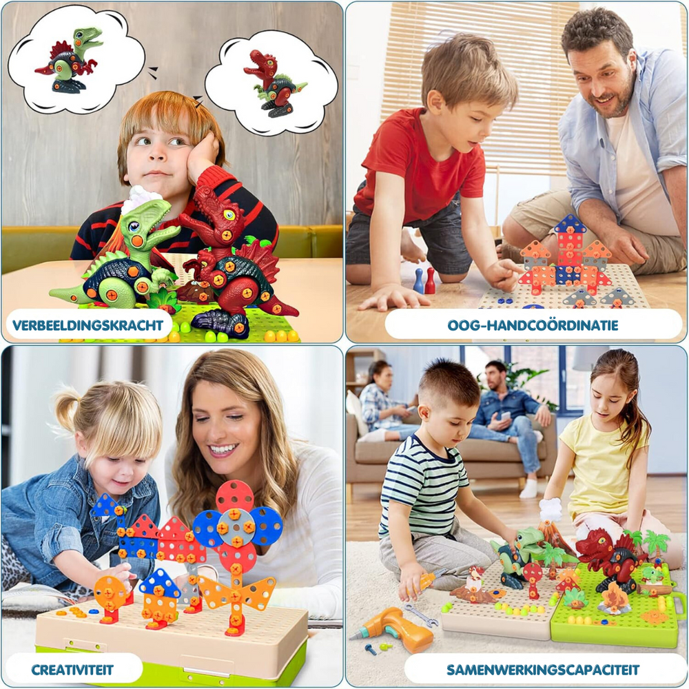 DinoBuilder Byggleksaksset – Kreativt Pedagogiskt Leksak med Fungerande Verktyg och Dino-designs