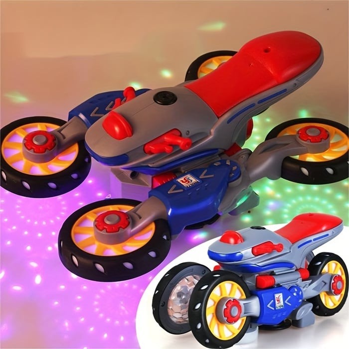 MotoFlash Elektrisk Motorcykel med LED-Ljus & Musik – 360° Roterande Leksak för Barn