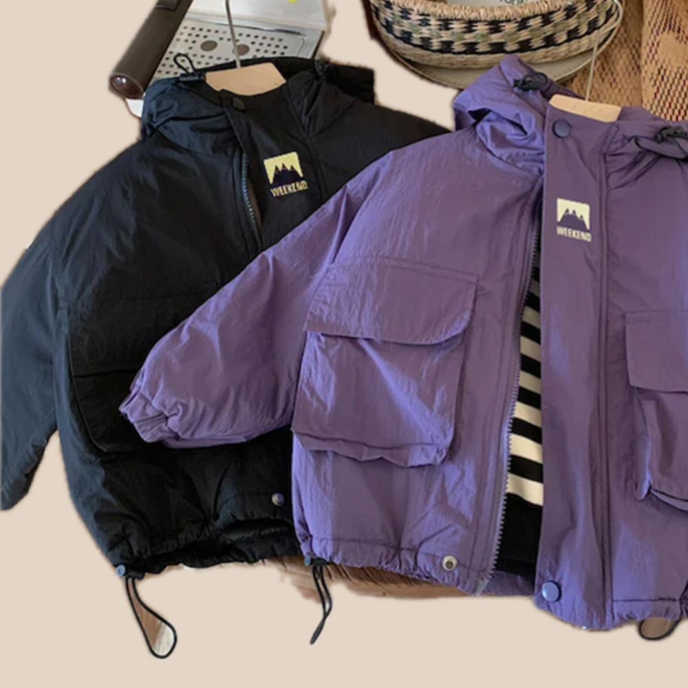 Vindjacka med huva – Lilo Unisex, Svart/Lila, Polyester, Storlek 0–6 år