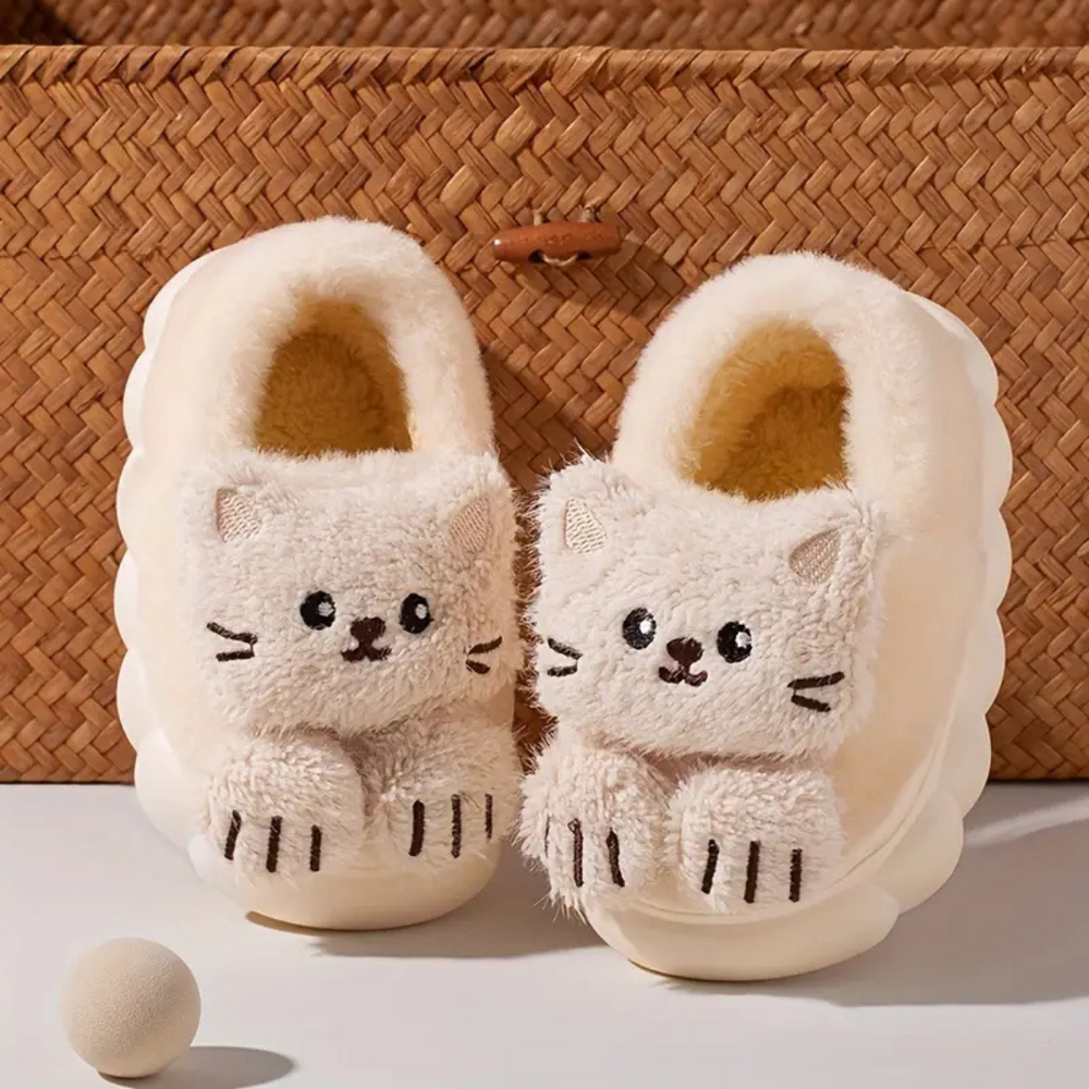 Mjuka Barnplyschtofflor med Kattmotiv | CozyPaws Värmande & Halkfria