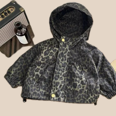 Vindjacka med Leopardmönster och Huvud – Savanna Flickor, Brun/Svart, Polyester, Storlek 0–5 År