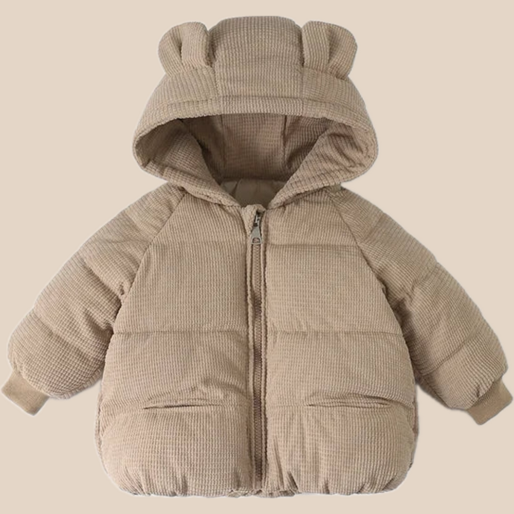 Vinterjacka med Björnöron och Ribbad Struktur – Lusa Flicka, Brun/Vit/Rosa/Beige, Polyester, Storlek 0–8 år