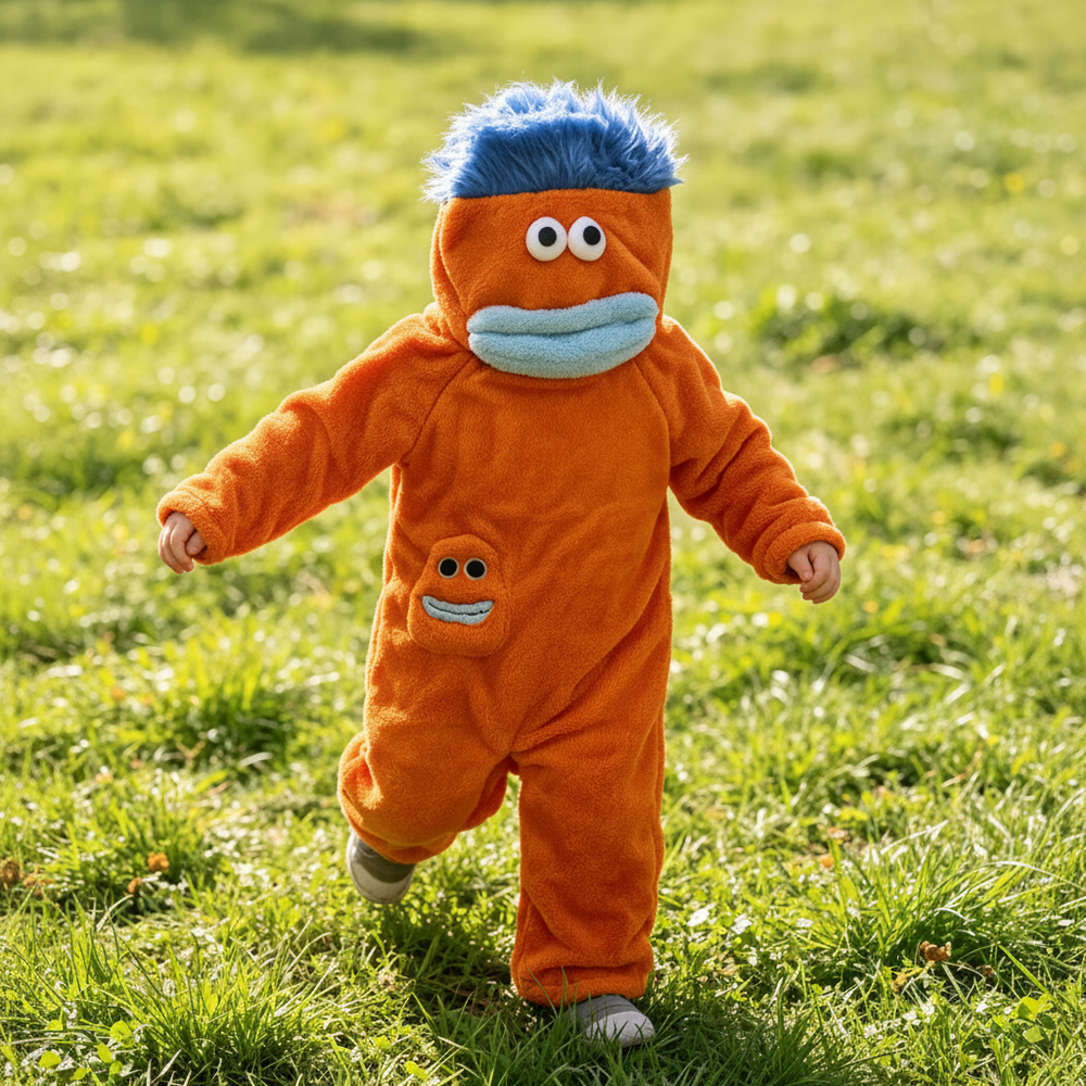 Onesie för barn med monsterdesign och huva – mjukt tyg, rymlig passform | utklädningsdräkt
