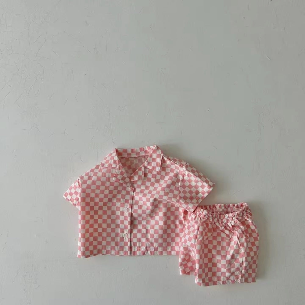 Trendig Rutig Klädset T-shirt och Shorts – Baby, Småbarn, Barn, Rosa/Blå/Grön, Bomull, Storlek 0–6 År