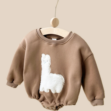 Bodysuit Romper med Lamamönster – Baby, Beige/Brun, Bomull, Storlek 0–1,5 år