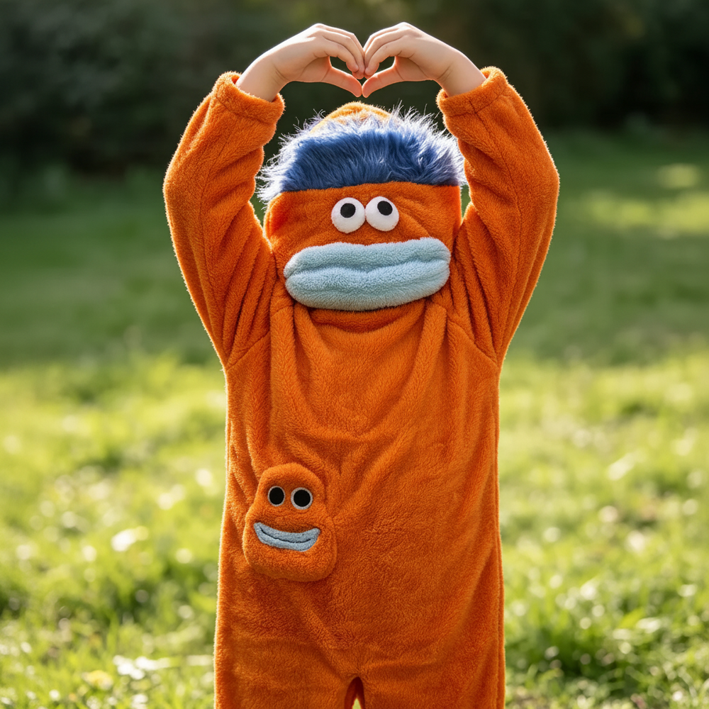 Onesie för barn med monsterdesign och huva – mjukt tyg, rymlig passform | utklädningsdräkt