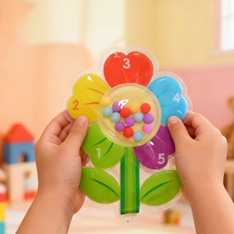Pärllabyrint med gelfyllning och räknefält 1 till 5 – mjuk PVC, djur- eller blomform | fidgetleksak