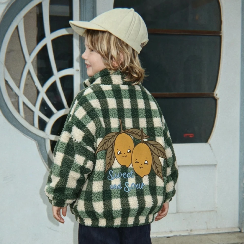 Barnkläder i teddyfleece med mönster – jacka, väst eller byxor, dragkedja | berberfleece barn