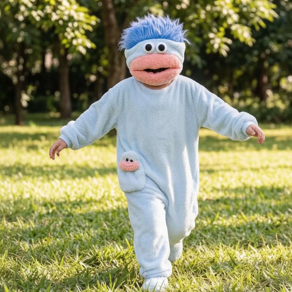 Onesie för barn med monsterdesign och huva – mjukt tyg, rymlig passform | utklädningsdräkt