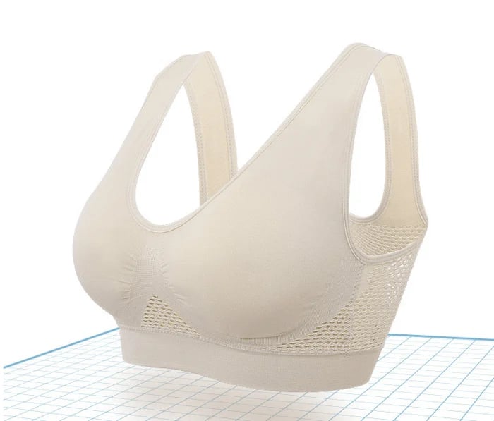 Bygelfri bh med lyfteffekt i andningsaktiv nylon – utan hakar, ventilationszoner | komfort-bh