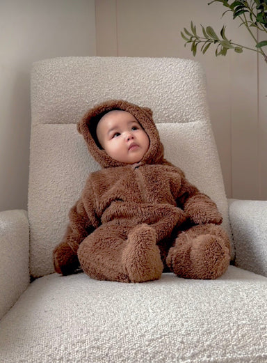 Varm teddyoverall för baby 0–1,5 år – Brun vinterdräkt med huva och öron