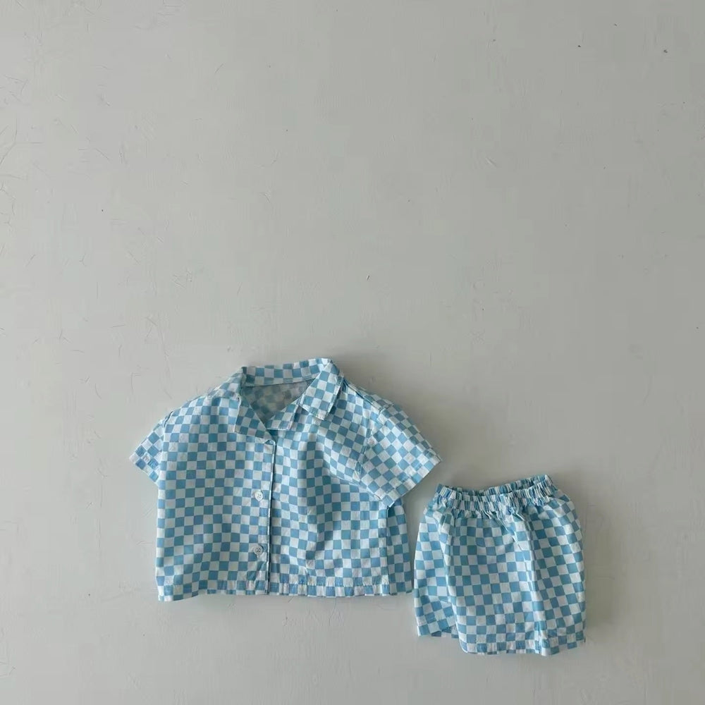 Trendig Rutig Klädset T-shirt och Shorts – Baby, Småbarn, Barn, Rosa/Blå/Grön, Bomull, Storlek 0–6 År