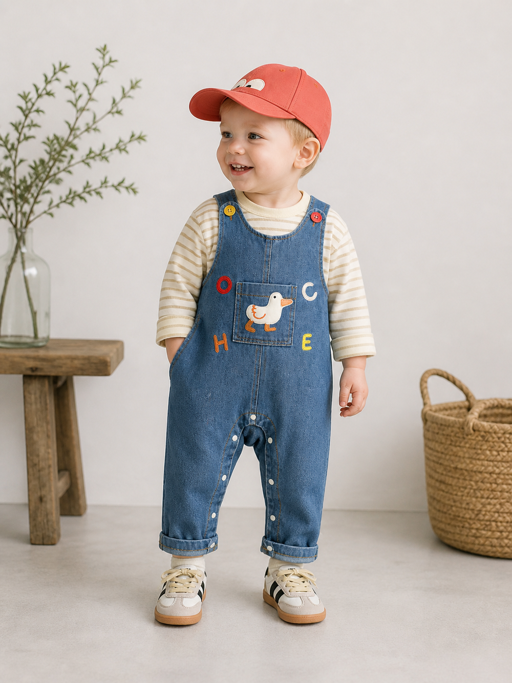 Baby Hängselbyxor i Denim med Anka – Unisex Outfit för Småbarn