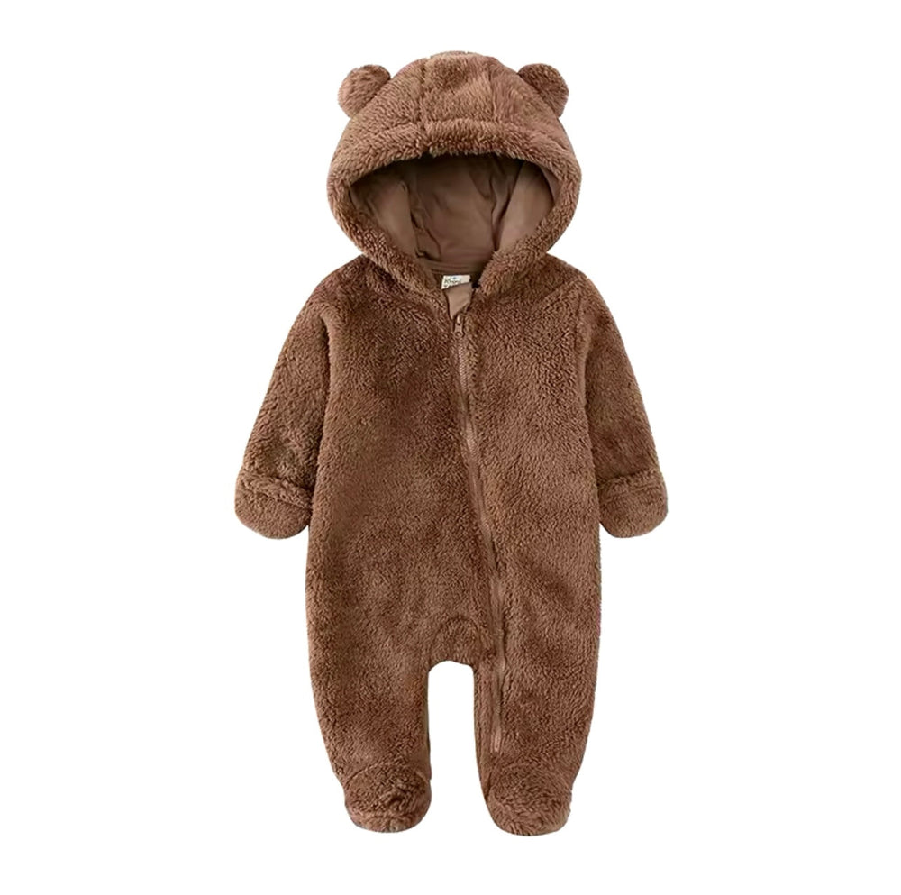 Varm teddyoverall för baby 0–1,5 år – Brun vinterdräkt med huva och öron
