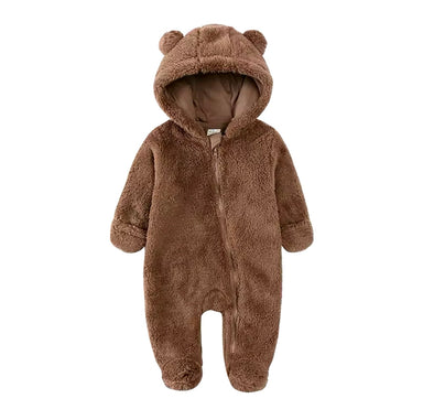 Varm teddyoverall för baby 0–1,5 år – Brun vinterdräkt med huva och öron