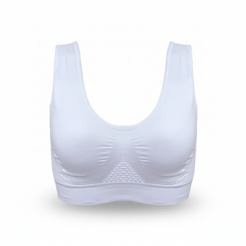 Bygelfri bh med lyfteffekt i andningsaktiv nylon – utan hakar, ventilationszoner | komfort-bh