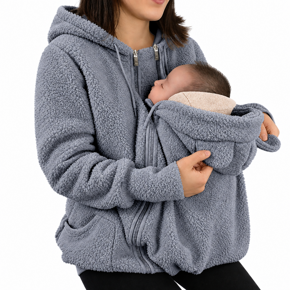 Bärjacka 2-i-1 för mamma och bebis – mjuk fleece, huva, dragkedja, fickor | babywearing-hoodie