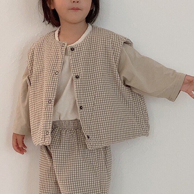 Vändbar Vadderad Väst – Rutigt Mönster Unisex, Brun/Beige, Bomull, 0–3 år