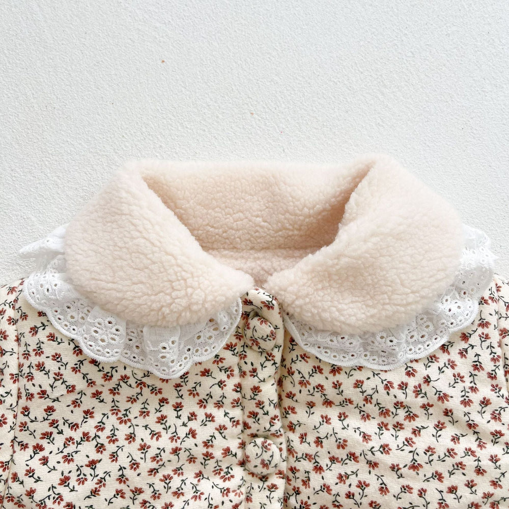 FloralFleece Flickors Vinterjacka med Spetskrage | Varm Babyjacka 6m–3år | Blommig Teddyjacka för Flickor