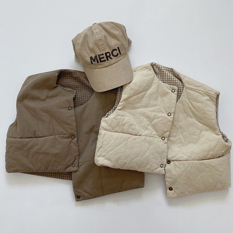 Vändbar Vadderad Väst – Rutigt Mönster Unisex, Brun/Beige, Bomull, 0–3 år