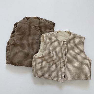 Vändbar Vadderad Väst – Rutigt Mönster Unisex, Brun/Beige, Bomull, 0–3 år