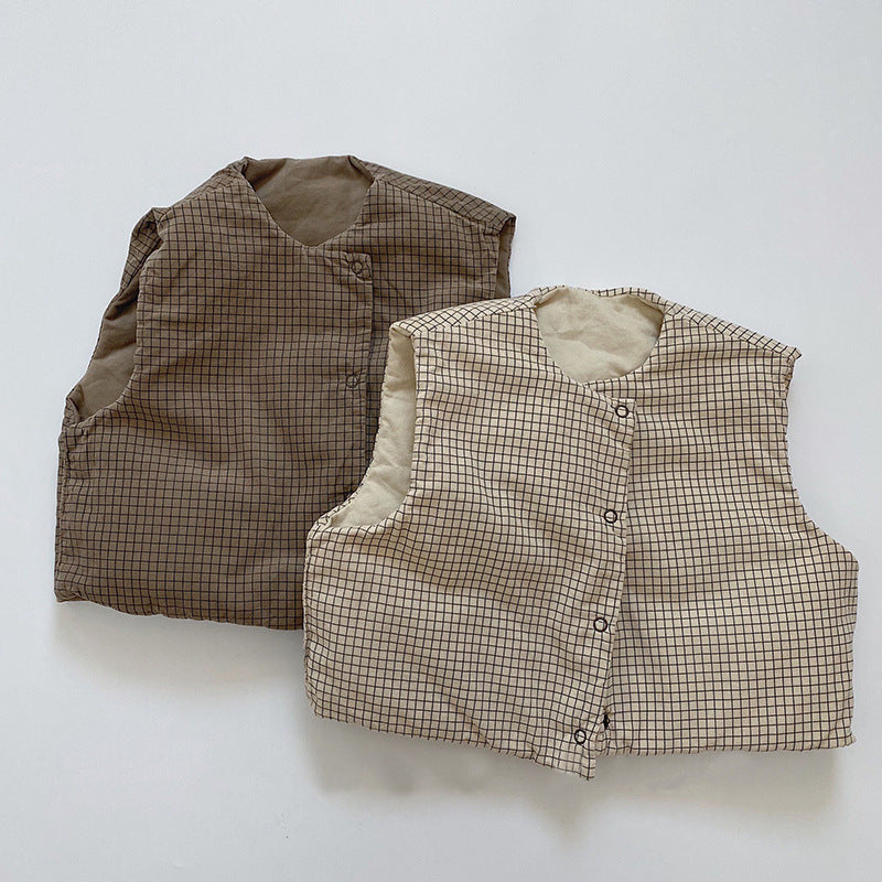 Vändbar Vadderad Väst – Rutigt Mönster Unisex, Brun/Beige, Bomull, 0–3 år