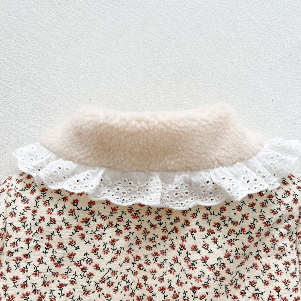 FloralFleece Flickors Vinterjacka med Spetskrage | Varm Babyjacka 6m–3år | Blommig Teddyjacka för Flickor