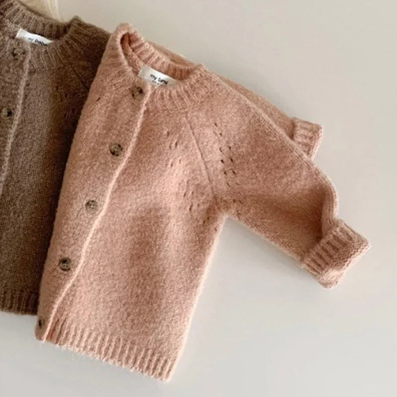 Stickad Kofta – Mana Flickor, Vit/Brun/Rosa, Bomull, Storlek 0–4 år