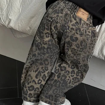 Jeans med leopardmönster – Flickor, Svart, Bomull, Denim, Storlek 1–10 år
